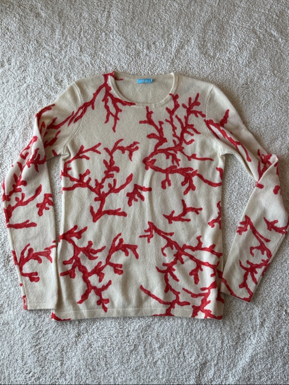 J. McLaughlin Cream Cashmere Sweater with Red Coral Pattern